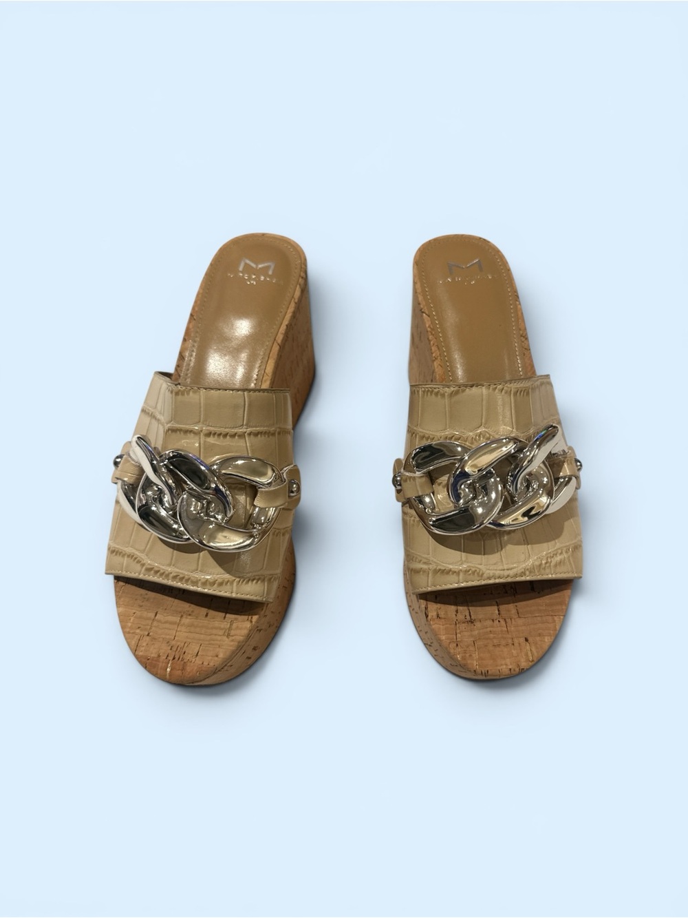 Marc Fisher Croc-Embossed Beige Cork Wedge Slides with Silver Chain Accent
